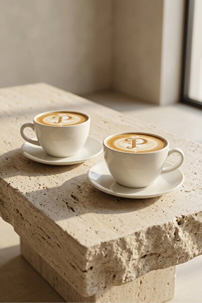 porselenden Latte Art Krem Porselen 4 Parça 2 Kişilik Büyük Boy Latte Kahve F...