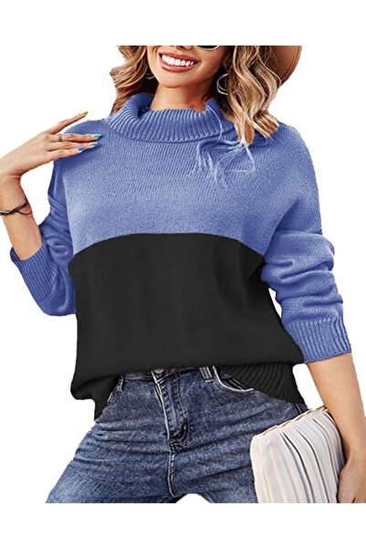 OEM Loose knitted long-sleeve blouse, women's pullover, blue/black M