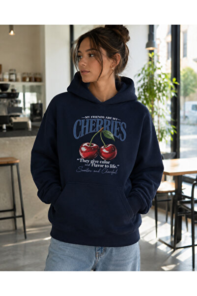 Harmandar Cherry Mood Printed Hooded Oversize Dark Blue Sweatshirt