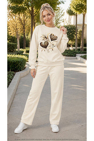 TREND EMMODA Women's Feather Detailed Leopard Heart Printed Tracksuit Set/Rou...