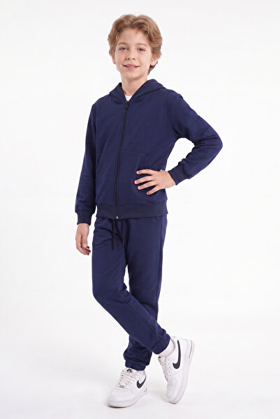 FYK KİDS Boy's Basic Zippered Hooded Double Pocket Tracksuit Set