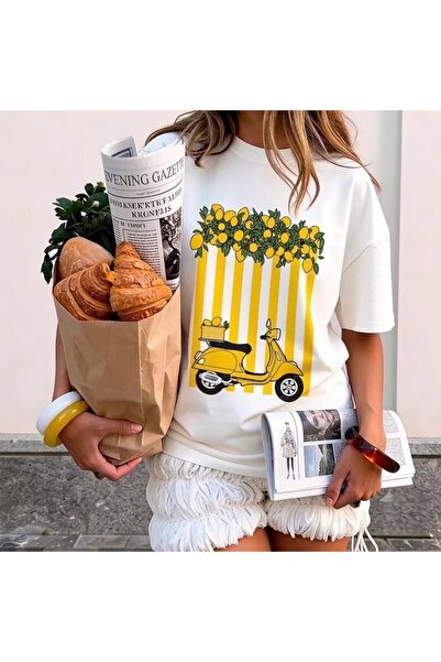 Velora Collection Women's Yellow and White Striped Motorcycle Printed T-Shirt