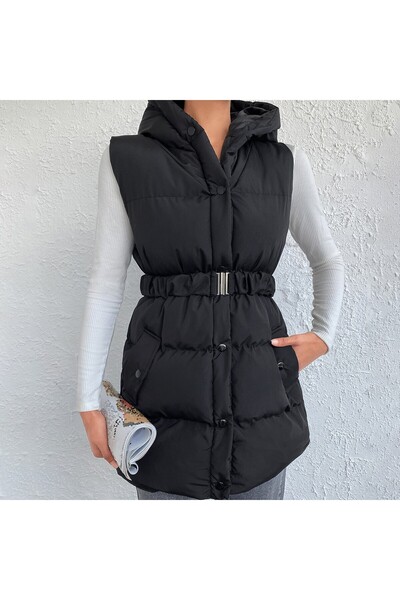 ladyzey Women's Black Hooded Detachable Rubber Belt Double Pocket Snap Closur...