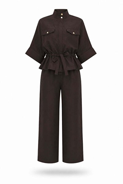 5in1Canpolat Bitter Brown Waist-Cinched Jacket and Trousers Set 2744