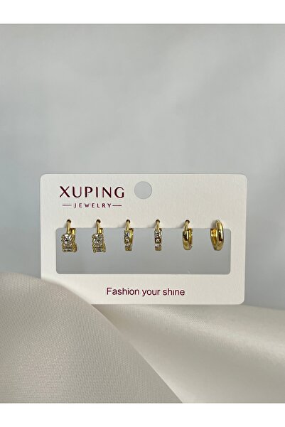 yeknova Xuping 14K Gold Renginde Taşlı 3 Çift (6adet) Kararmaz Kadın Halka Kü...
