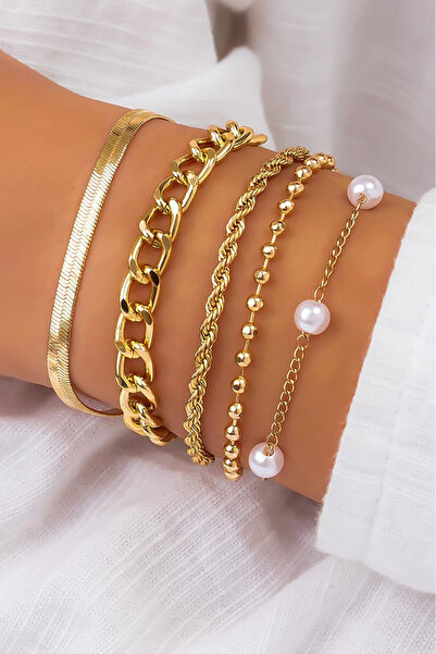 VeeShop Set 5 bratari elegante, lantisoare cu perle albe, zale mari si lant plat