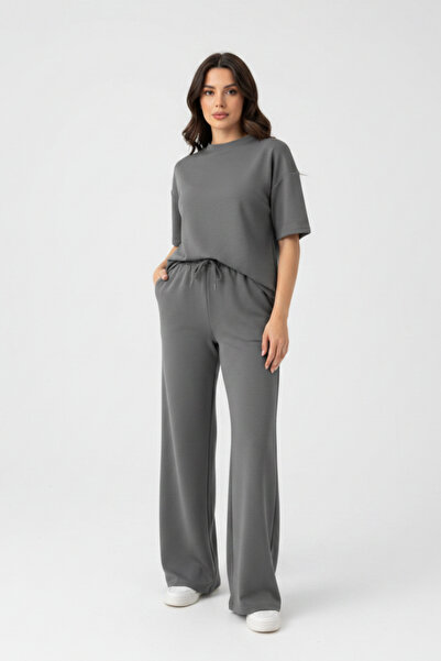 Runades Women's Short Sleeve Relaxed Fit Palazzo Leg Sweatpants and T-Shirt Set