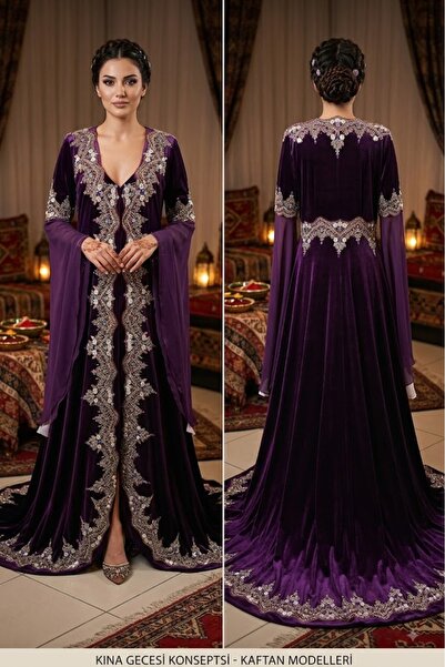 JABO WEDDİNG HOUSE KAFTAN KADİFE MOR GÜMÜŞ NAKIŞ VE TAŞ BONCUK İŞLEMELİ KAFTA...