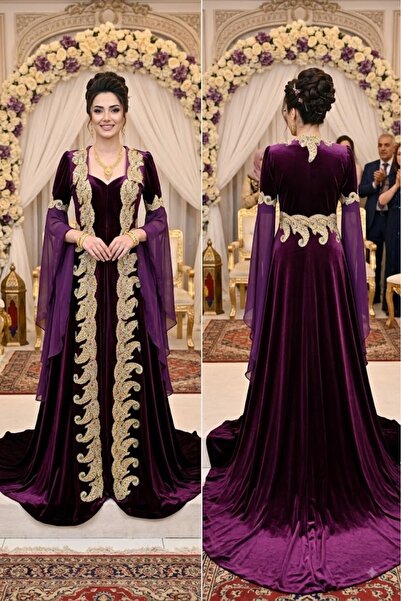 JABO WEDDİNG HOUSE KAFTAN KADİFE MOR GOLD NAKIŞ İŞLEMELİ 38-40 BEDEN ARALIĞIN...