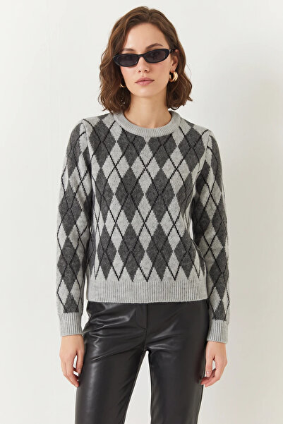 Efnaz style Women's Crew Neck Diamond Patterned Knitwear Gray Anthracite Sweater