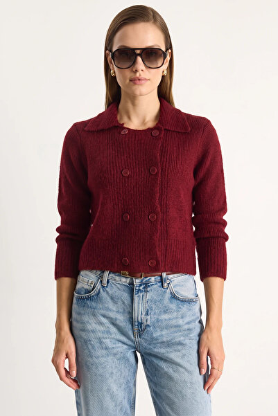 Şeker Portakalım Women's Polo Collar Buttoned Soft Burgundy Cardigan