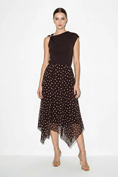 Efnaz style Women's Elastic Waist Asymmetrical Cut Lined Polka Dot Midi Brown...