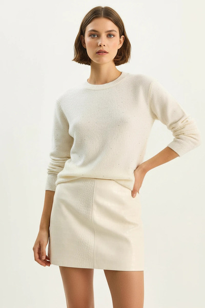 Efnaz style Women's Crew Neck Sequin Detailed Gilded Knitwear Cream Sweater