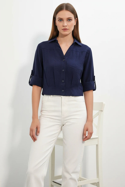 Efnaz style Women's Short Sleeve Oversize Cut Navy Blue Shirt