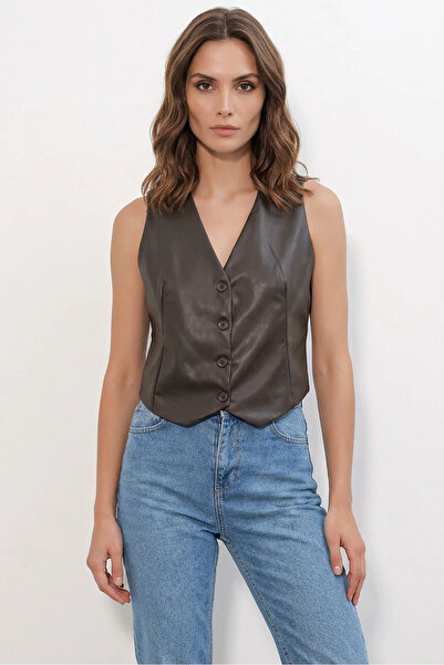Generic Brand Women's V-Neck Buttoned Brown Vest