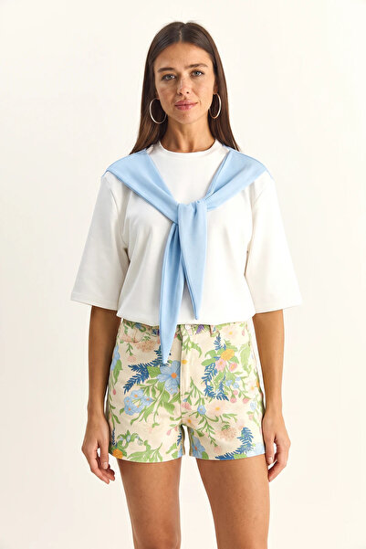 Şeker Portakalım Women's Oversize Basic White Baby Blue T-Shirt with Shawl De...