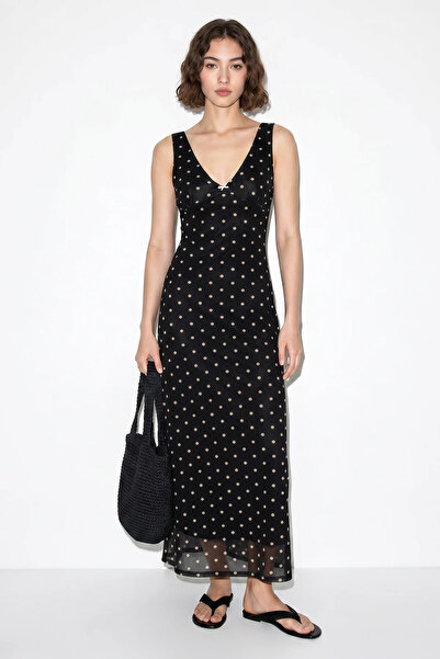 ALFA AKSESUAR 03 Women's V-Neck Lined Polka Dot Tulle Maxi Black Dress