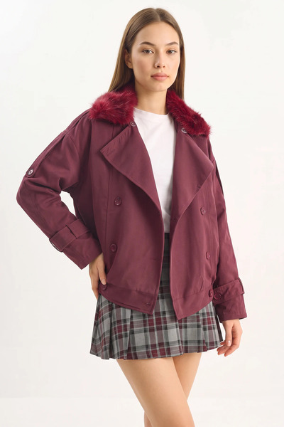 Çocux Kids Wear Kadın Beli Lastikli Cep Detaylı Çıkarılabilir Kürk Yaka Astarlı Kısa Trençkot Bordo