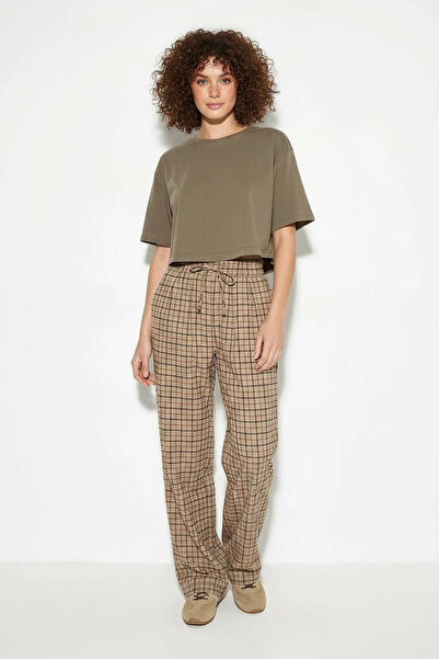 Efnaz style Women's Plaid Patterned Elastic Waist Tie-Up Wide Leg Trousers Be...