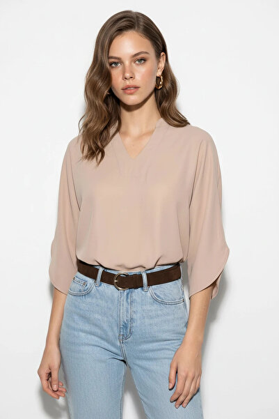 Şeker Portakalım Women's High Collar V-Neck Loose Cut Bat Sleeve Beige Blouse