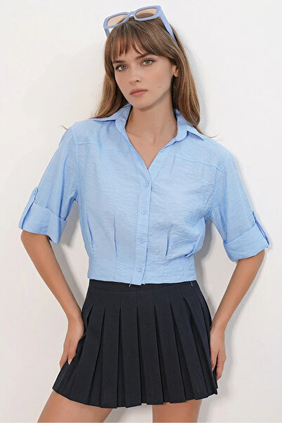 Efnaz style Women's Short Sleeve Crop Oversize Blue Shirt