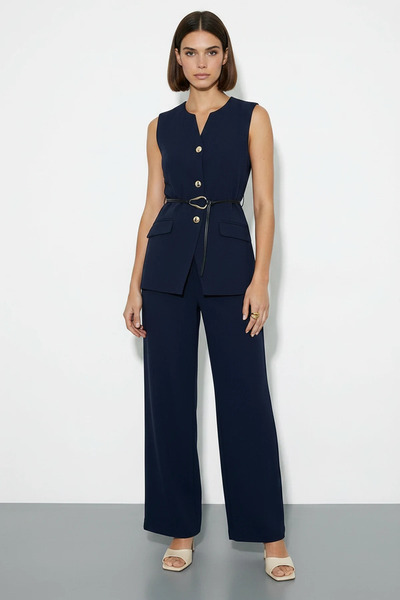 Efnaz style Women's Belt Detailed Vest and Palazzo Trousers Navy Blue Top and...