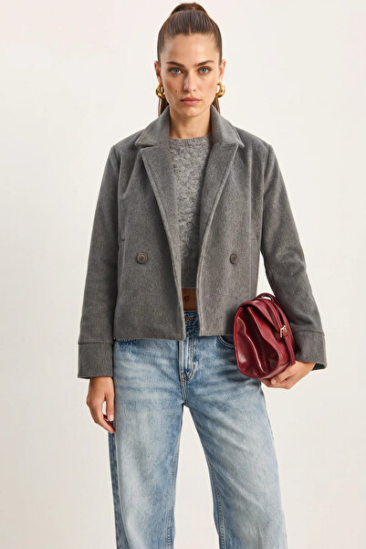 Efnaz style Women's Double-Breasted Collar Lined Jacket with Pocket Detail in...