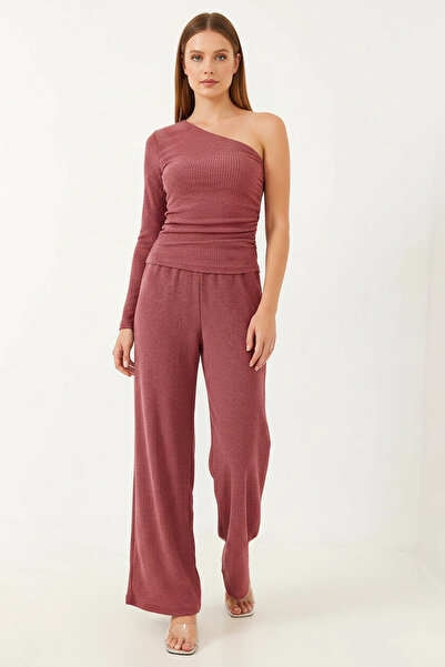 Efnaz style Women's Asymmetrical Collar Dusty Rose Top and Bottom Set