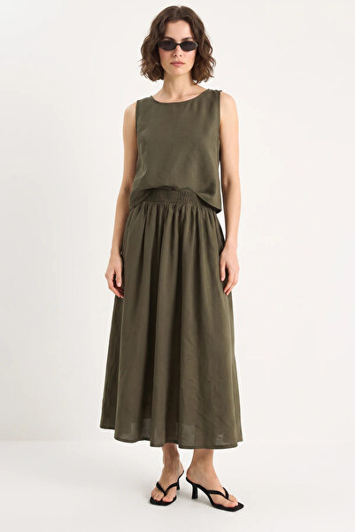 Efnaz style Women's Thick Strap Blouse Elastic Waist Skirt Modal Khaki Set