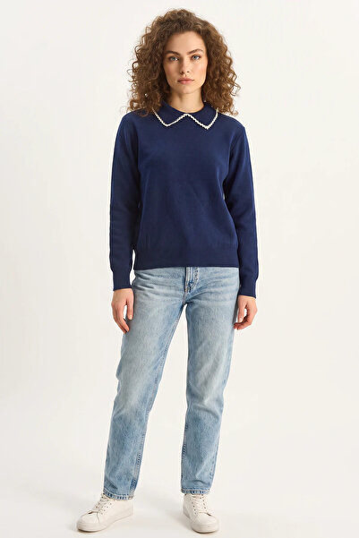 Generic Brand Women's Collar Lace Detailed Knitwear Navy Blue Sweater