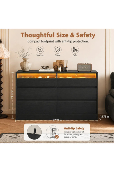 Arabest 120*40*75.5cm 45.2kg 6-Drawer LED Glass Cabinet in Black Walnut, Mode...