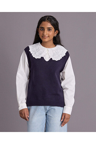 REDTAG Senior Girls Navy Layered Knit Pullover