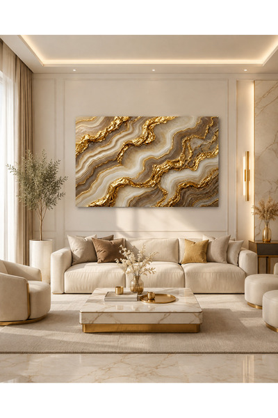 Mushen Studio Luxurious Golden Waves Abstract Canvas Art – Modern Beige and G...