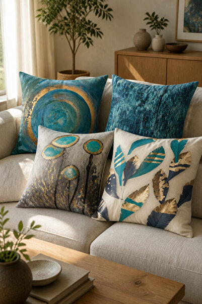 dekomingo Turquoise and Gold Abstract Pattern Decorative Throw Pillow Cover S...