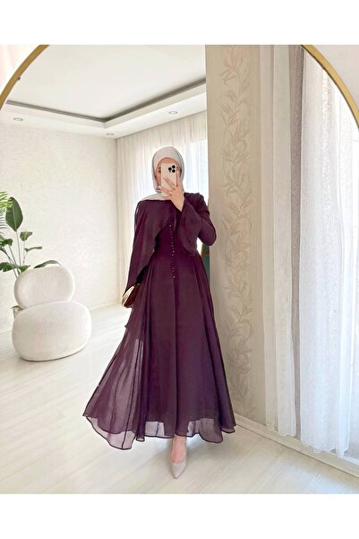 Mava Lady Kadın Mürdüm Pelerin Kollu Düğme Detaylı Uzun Abiye Elbise