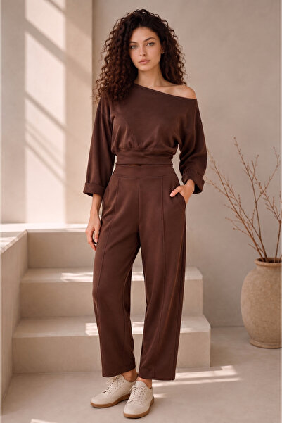 MELA ROSSA Women's Brown Modal Interlock Fabric Sweatpants with Stitching Det...