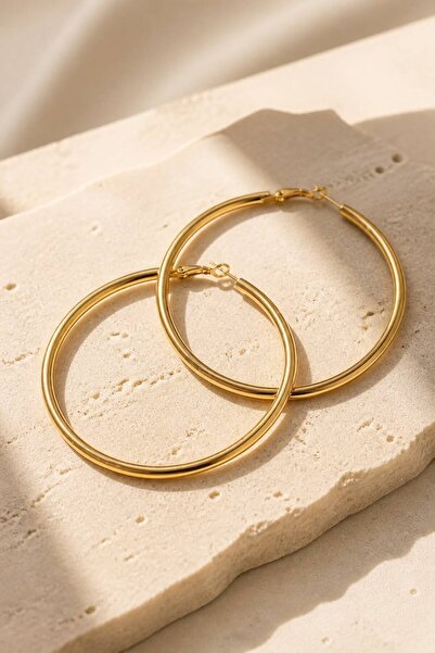 LYKOS Gold Color 56 mm Plain Steel Classic Hoop Earrings - Minimalist Clip-On...