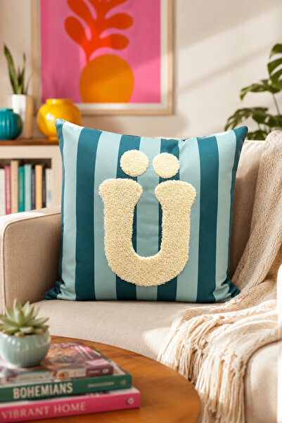 Pilloveland Punch Embroidered Throw Pillow Cover - 43*43 cm - Blue Letter U -...