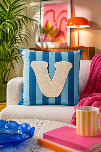 Pilloveland Punch Embroidered Throw Pillow Cover - 43*43 cm - Blue Letter V -...