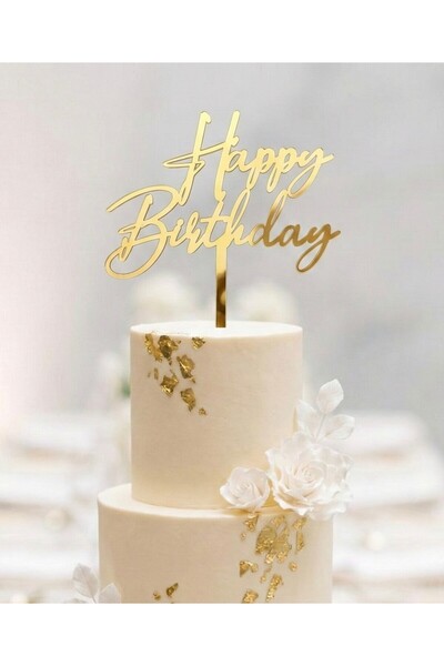 EgeConcept Kod 3 HAPPY BİRTHDAY PLEKSİ PASTA SÜSÜ GOLD / 15x9 cm