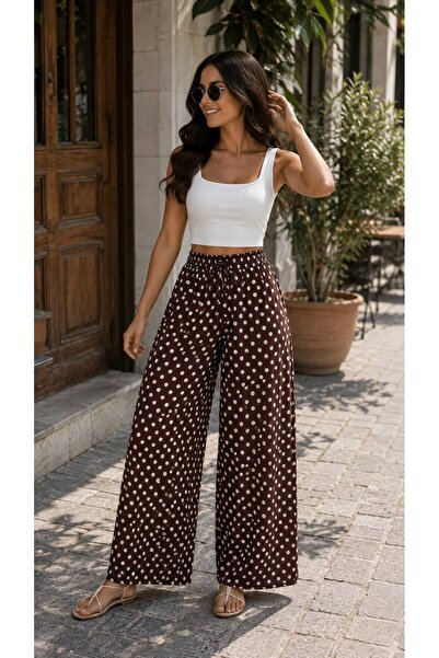 THEBEK Viscose Basic High Waist Wide Leg Lace-Up Women's Trousers Dasanli