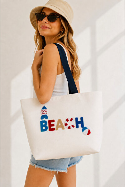Arsenis Beach Punch Embroidered Zippered Large Women's Beach Bag