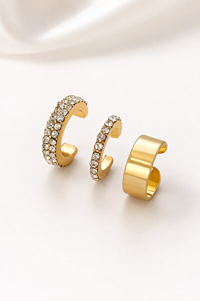 TREND COLLECTİON Kadın 3'lü Ear Cuff Küpe Seti Gold ve Taşlı Kıkırdak Küpe (sıkıştırmalı)