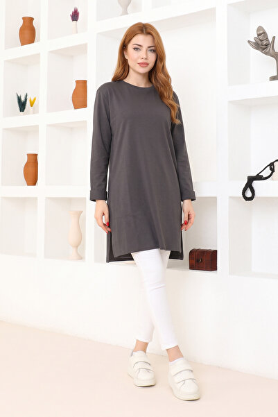 nacar çarşı Kadın Füme Oversize Tunik Tişört – Uzun Kollu, Yuvarlak Yaka, Rah...