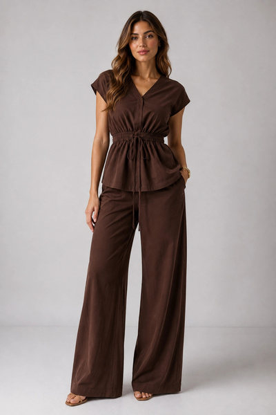 MetuCA Women's Brown 100% Cotton Linen Double Suit Trousers with Elastic Waist