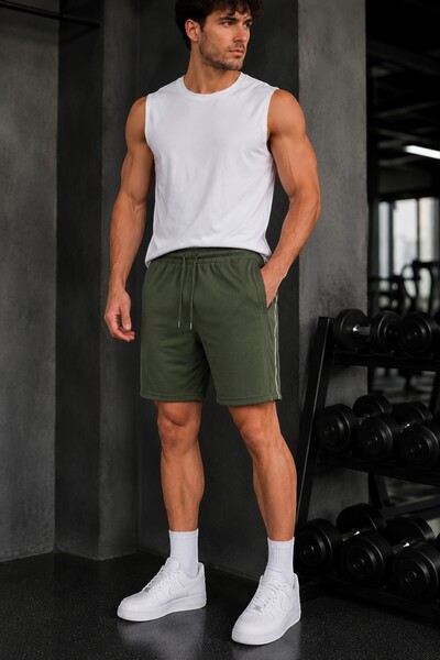 LAVOS Erkek Haki Merch Nefes Alabilen Spor Şort Arka Biyeli Cepli Lastikli Be...