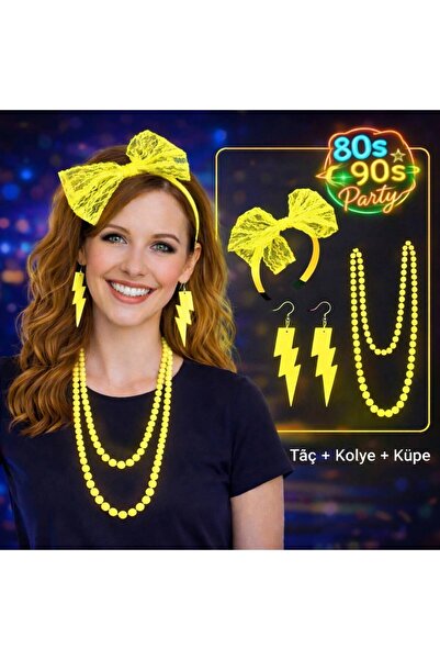 pınaxar 80S 90S Neon Yellow Party Set – Necklace Earrings Crown