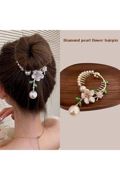 Glamluxe Women's Gold Pearl Flower Model Dangle Bun Clip Hairpin