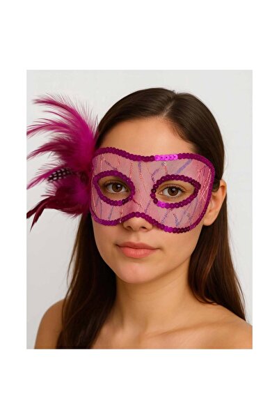 pınaxar Fuchsia Color Side Feathered Sequin Sequin Embroidered Party Mask 23X...