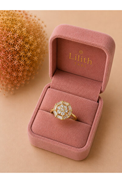 Lilith Takı Women's Stress Ring with Baguette Stones, Geometric Model, Movabl...